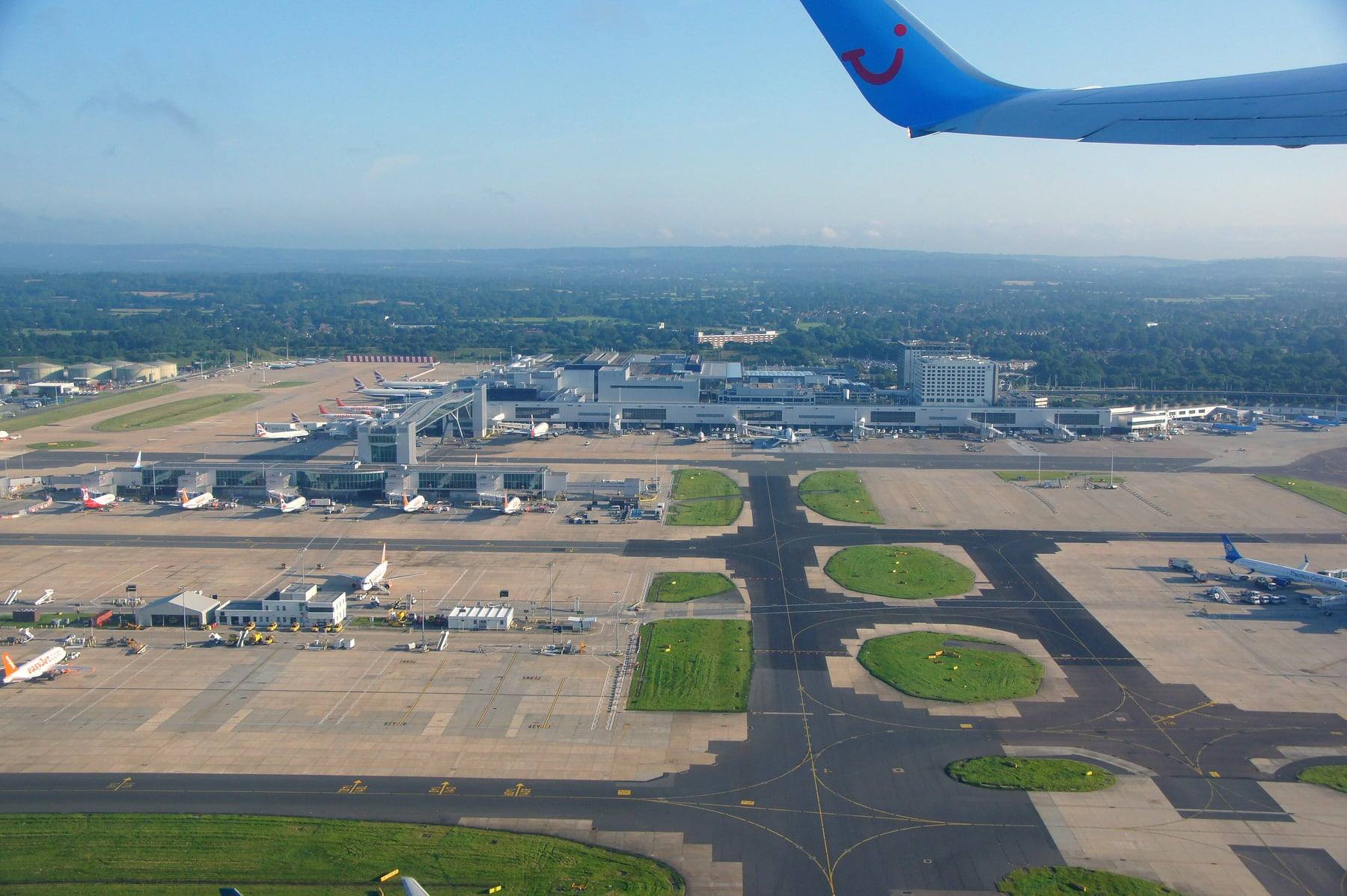 An aerial view of Gatwick Airport and its two terminals