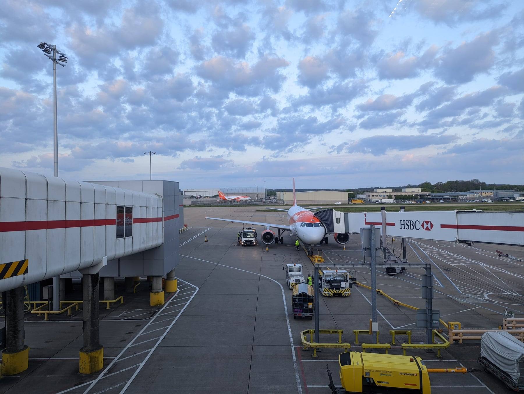 An easyJet aircraft on a stand at Gatwick North Terminal