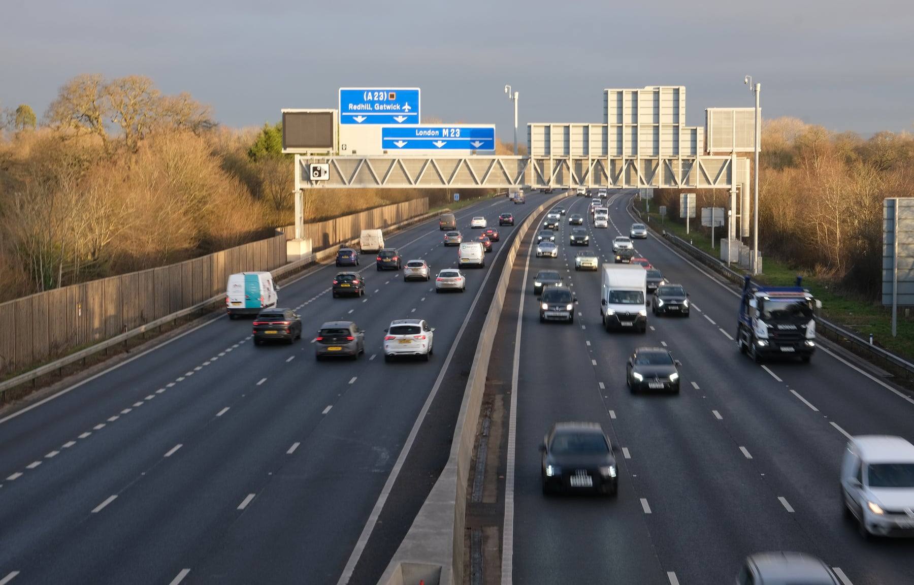 The M23 motorway approaching Gatwick, the main route for driving to Gatwick