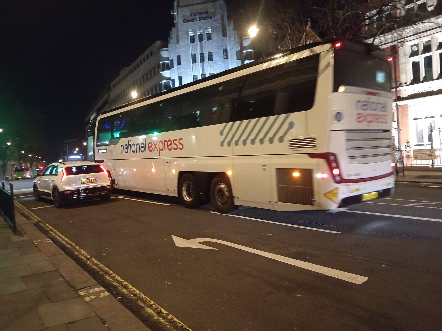A National Express coach at London Victoria Coach Station, the main coach operator serving Gatwick