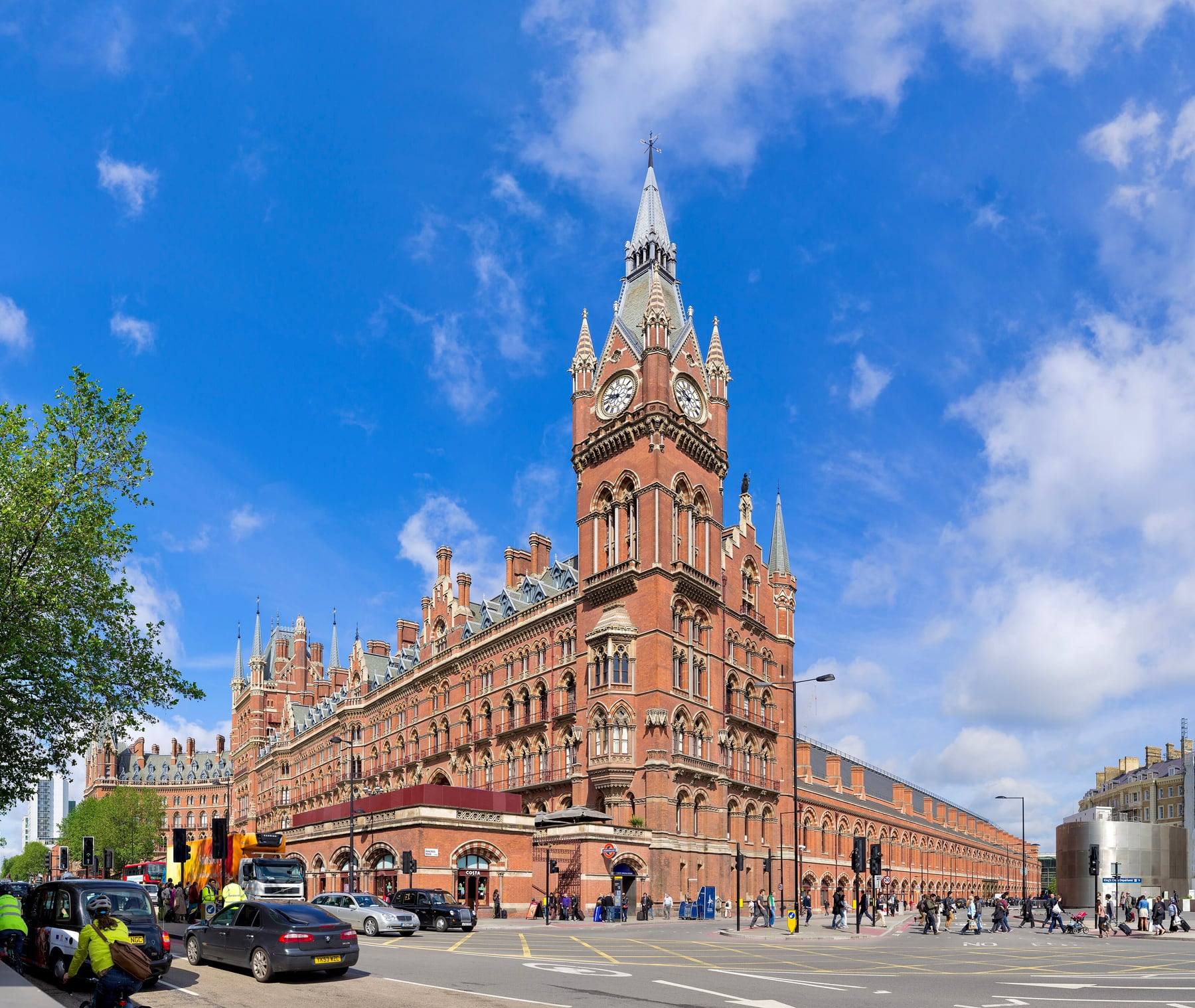 The Gothic red-brick frontage of St Pancras International station, the London end of the St Pancras to Gatwick route