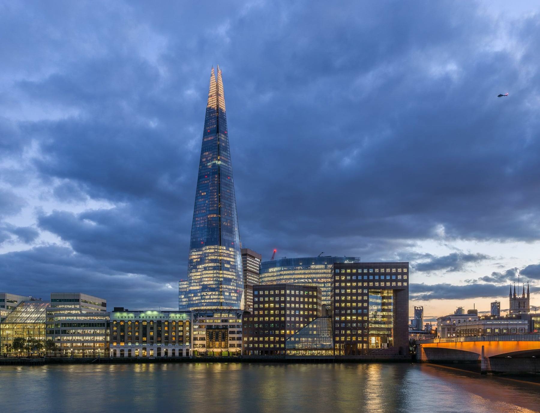 The Shard rising above London Bridge at dusk, at the London Bridge end of the route to Gatwick