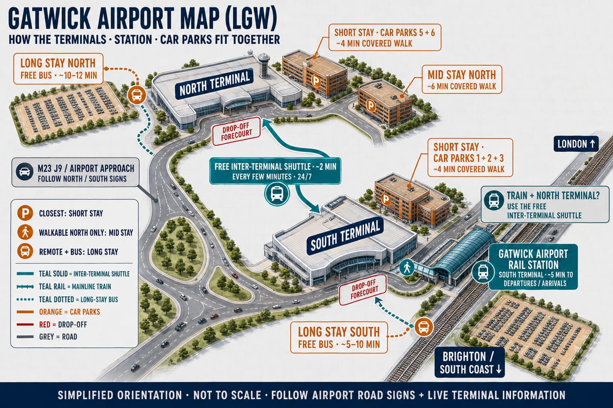 Gatwick airport map showing the North Terminal to the north-west and the South Terminal beside the railway station, joined by the free inter-terminal shuttle, with the short stay, mid stay and long stay car parks around them and the M23 Junction 9 approach