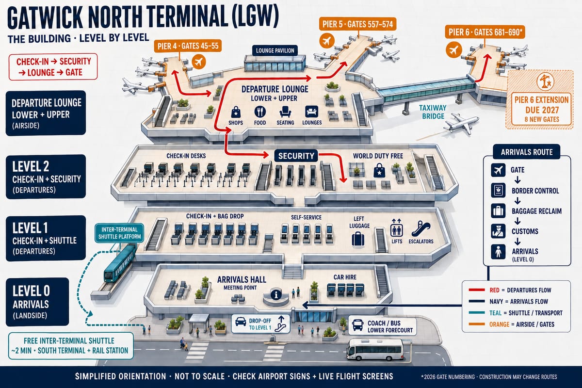 Gatwick North Terminal map showing the building stacked by level: arrivals and the forecourt at ground level, the shuttle platform, self-service kiosks and left luggage above them, check-in and security on the next floor, and the departure lounge feeding Piers 4, 5 and 6