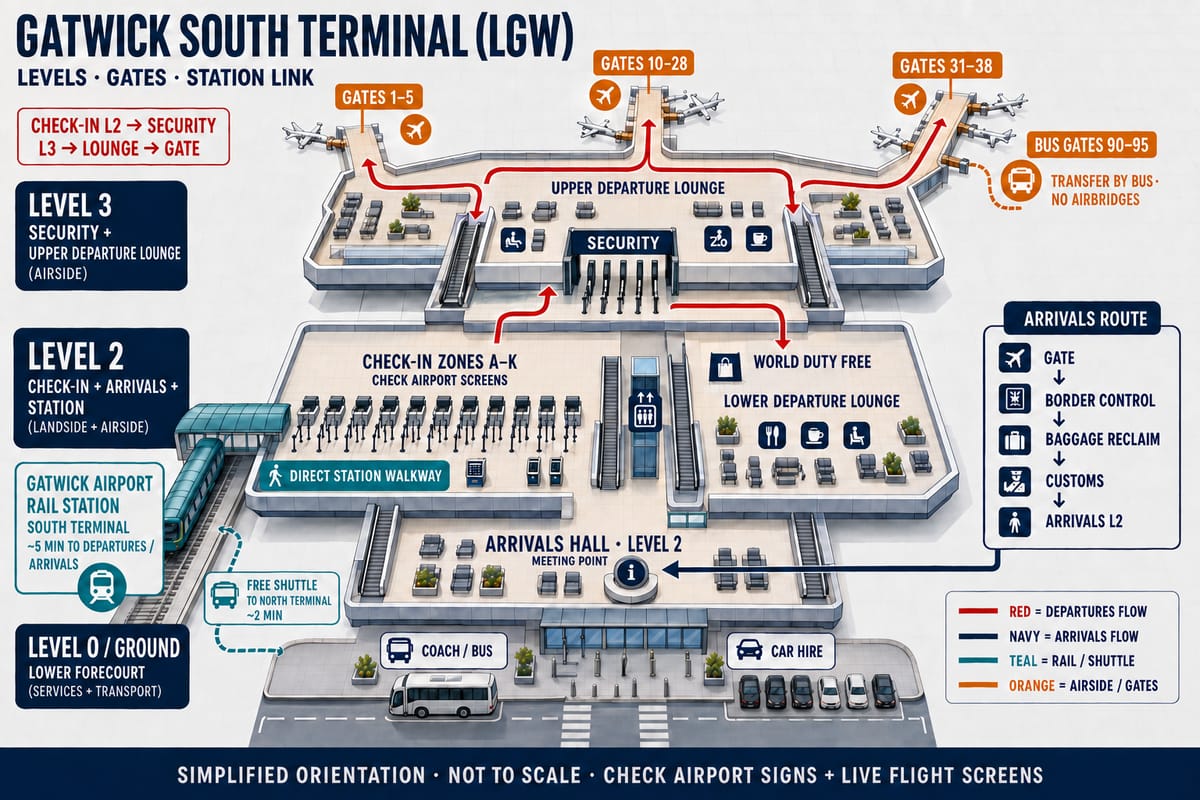 Gatwick South Terminal map showing the lower forecourt for coaches and car hire at ground level, the check-in zones A to K, arrivals hall and station walkway on the concourse level above, and security with the departure lounge and gates on the top floor